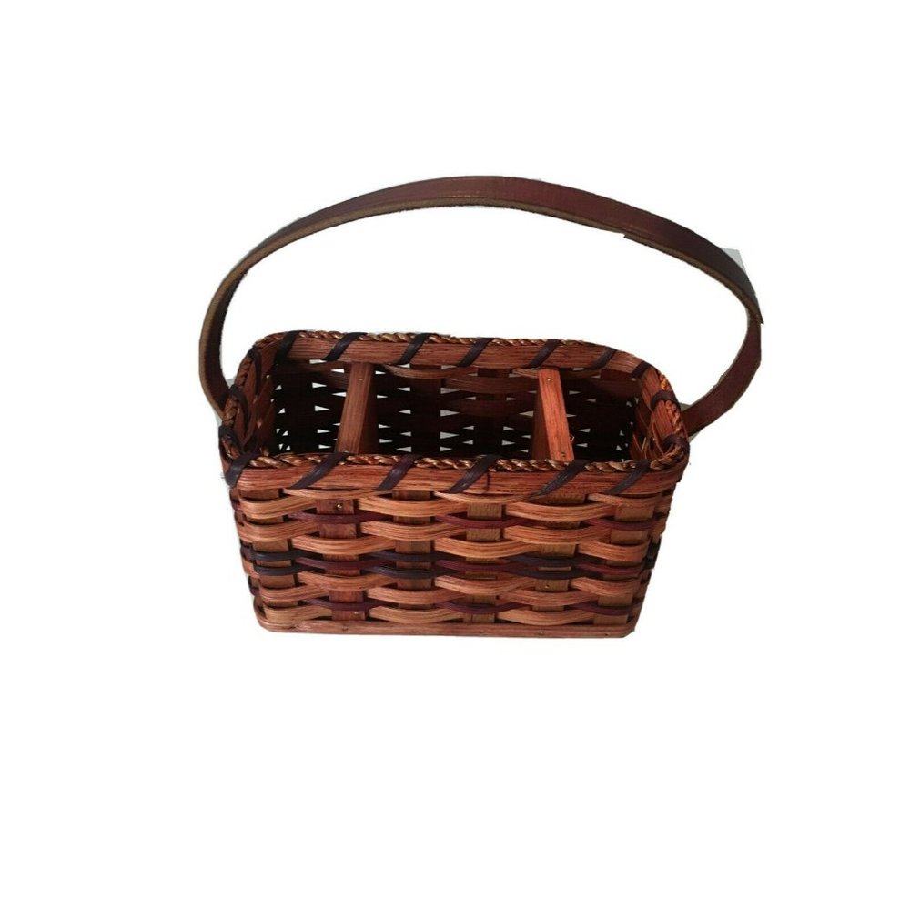 Amish Made 4x9 Silverware Basket Made in the USA Handwoven Leather Strap Wood